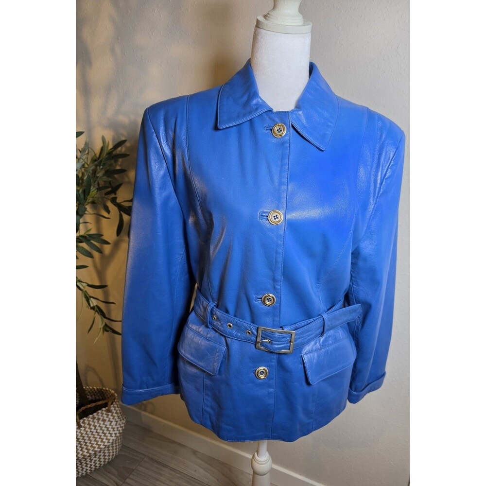 Vintage 1980s Vera Pelle Made in Italy Cobalt Blue Genuine Leather Belted Jacket